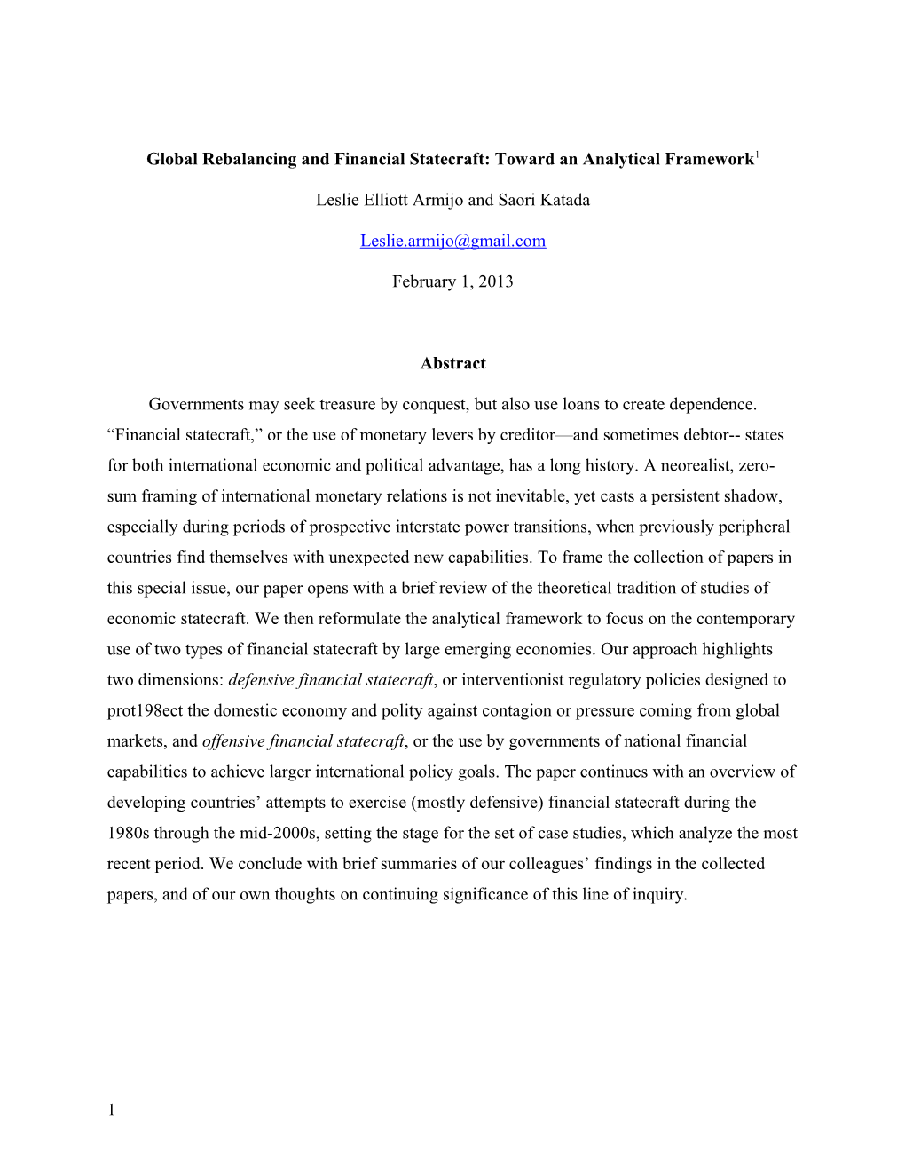 Global Rebalancing and Financial Statecraft: Toward an Analytical Framework 1