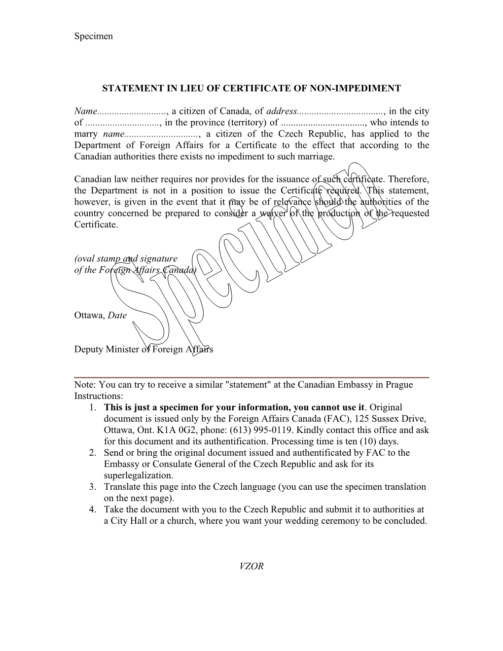 Statement in Lieu of Certificate of Non-Impediment