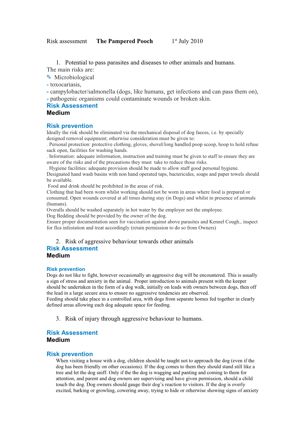 Risk Assessment the Pampered Pooch 26Th Aug 2008