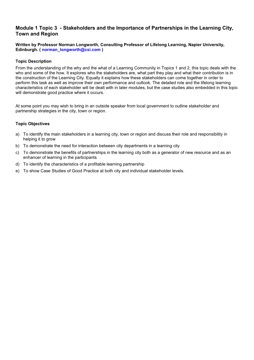 Module 1 Topic 3 - Stakeholders and the Importance of Partnerships in the Learning City