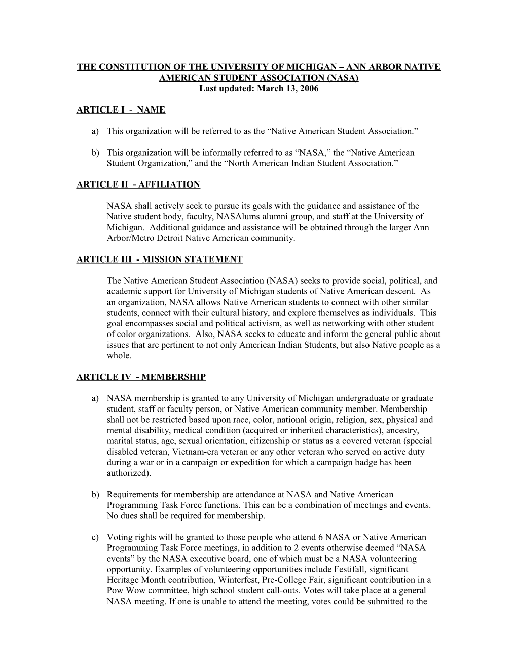 The Constitution of the University of Michigan Ann Arbor Native American Student Association