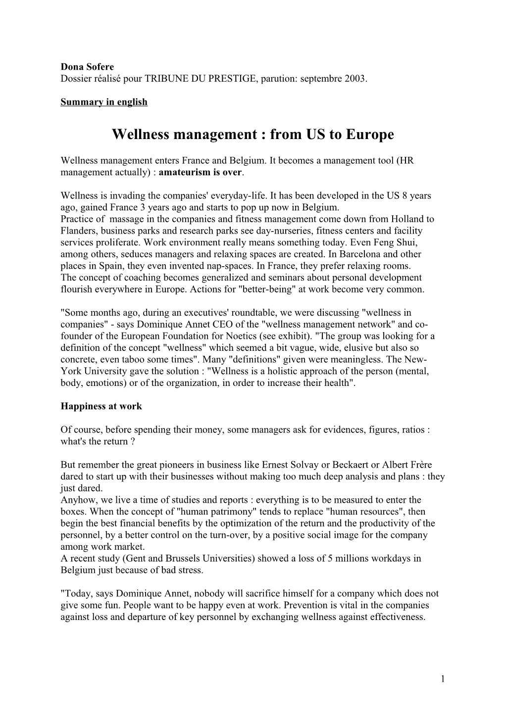 Wellness Management : from US to Europe