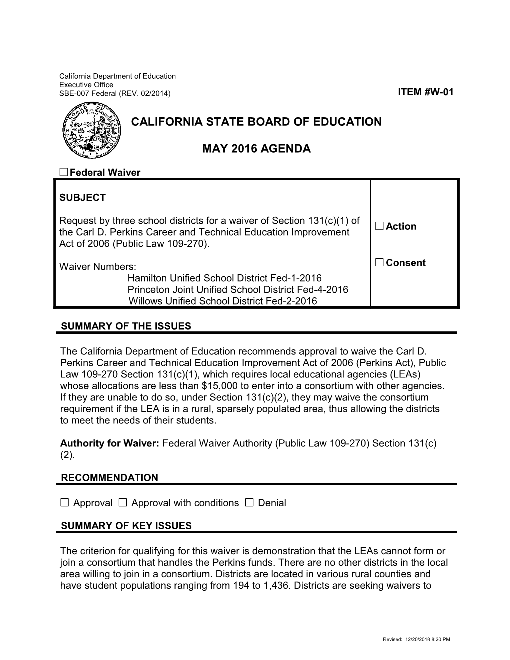 May 2016 Waiver Item W-01 - Meeting Agendas (CA State Board of Education)