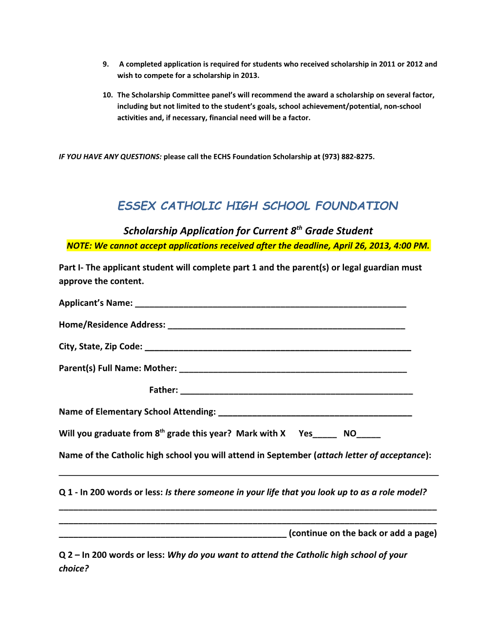 Essex Catholic High School Foundation Scholarshipgeneral Eligibility Information And