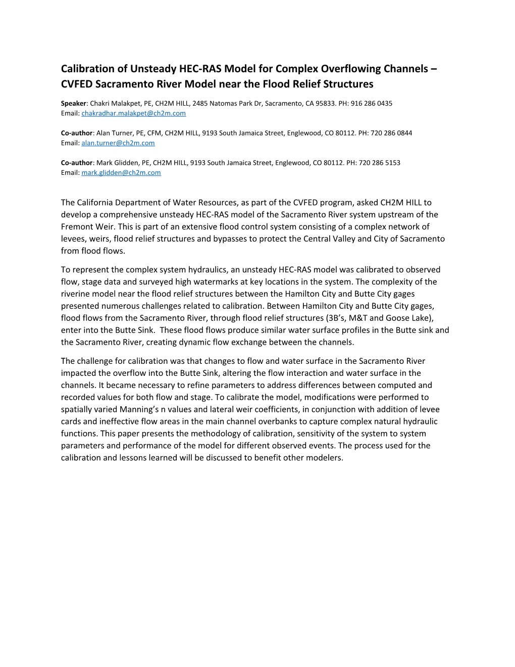 Calibration of Unsteady HEC-RAS Model for Complex Overflowing Channels CVFED Sacramento