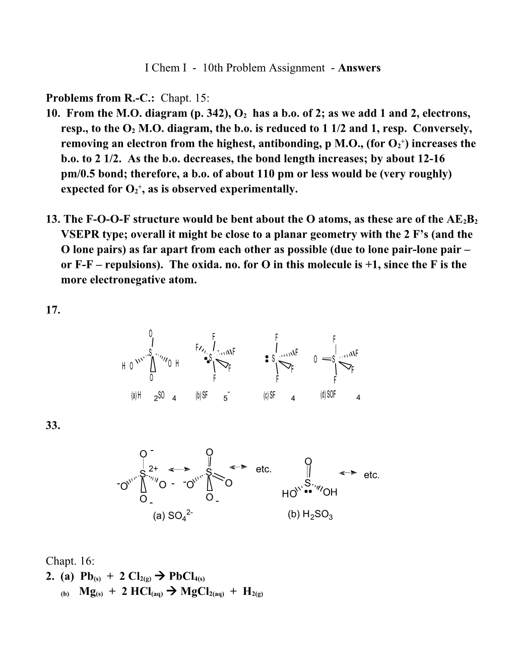 I Chem I - 10Th Problem Assignment - Answers
