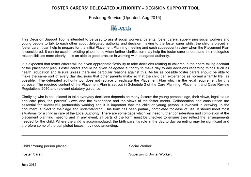 Foster Carers Delegated Authority Decision Support Tool