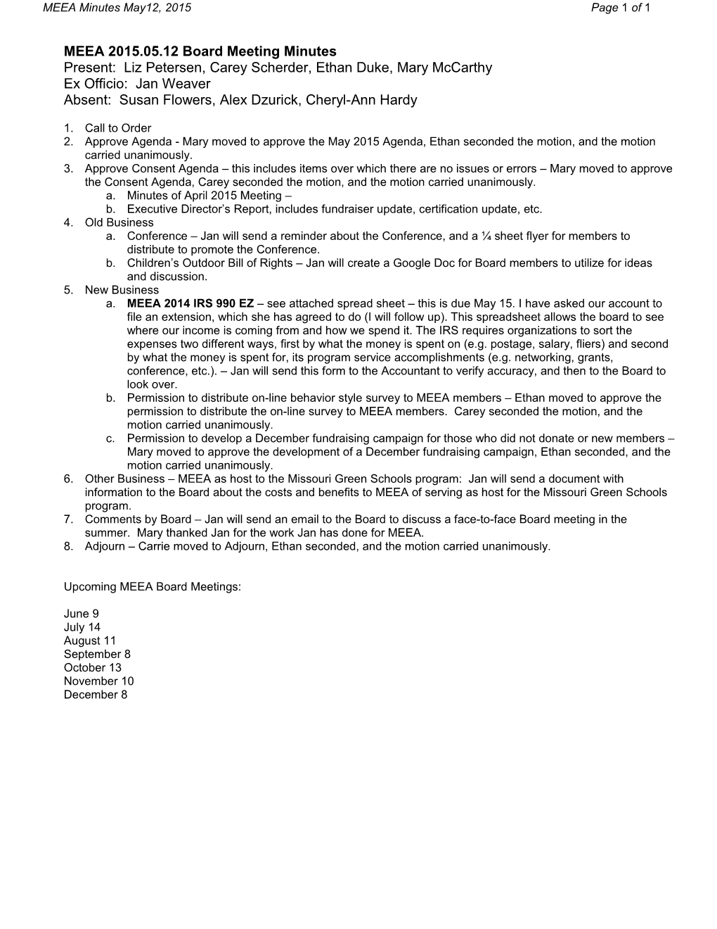 MEEA 2015.05.12 Board Meeting Minutes