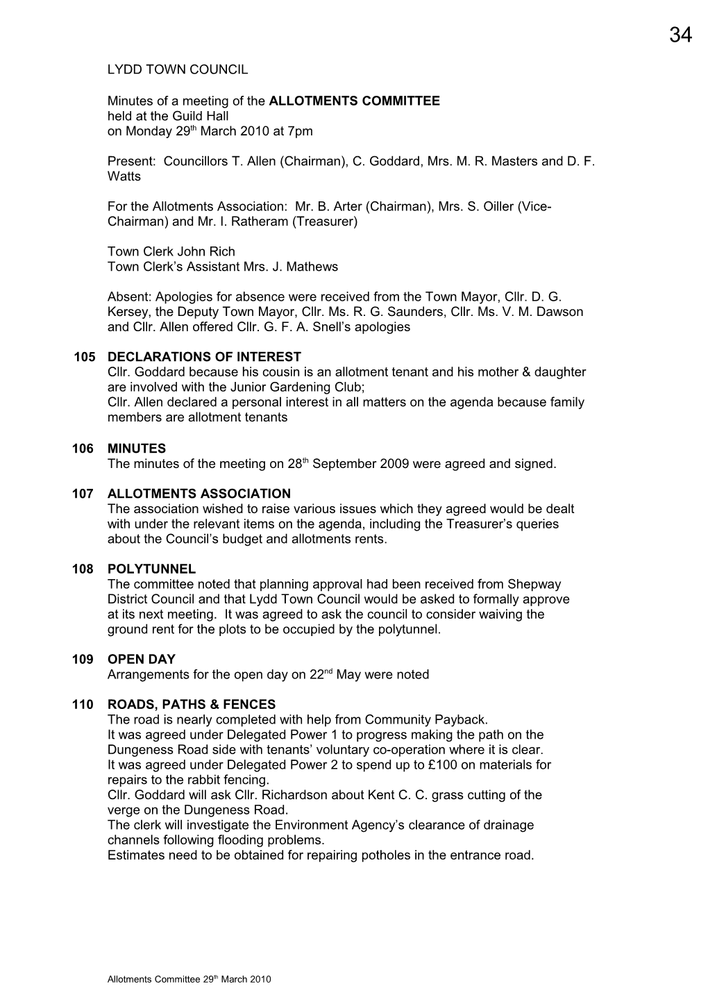 Minutes of a Meeting of the ALLOTMENTS COMMITTEE