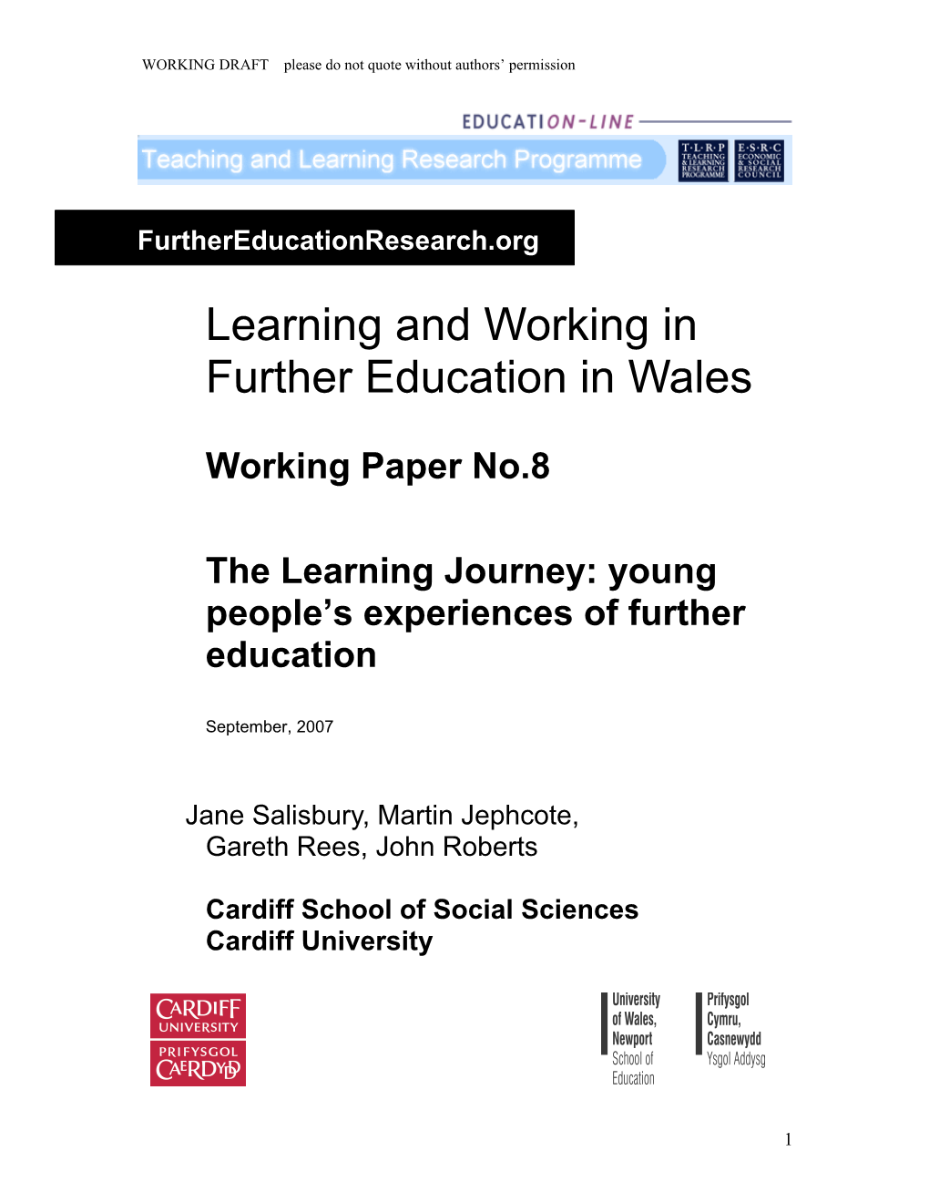 The Learning Journey: Young People S Experiences of Further Education