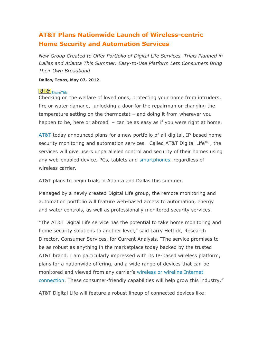 AT&T Plans Nationwide Launch of Wireless-Centric Home Security and Automation Services