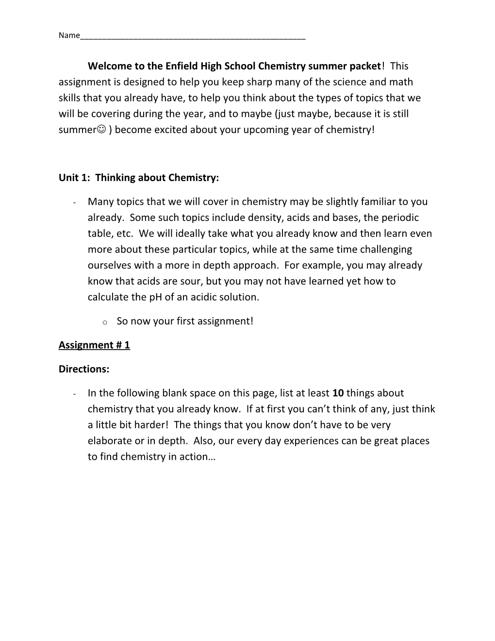 Unit 1: Thinking About Chemistry