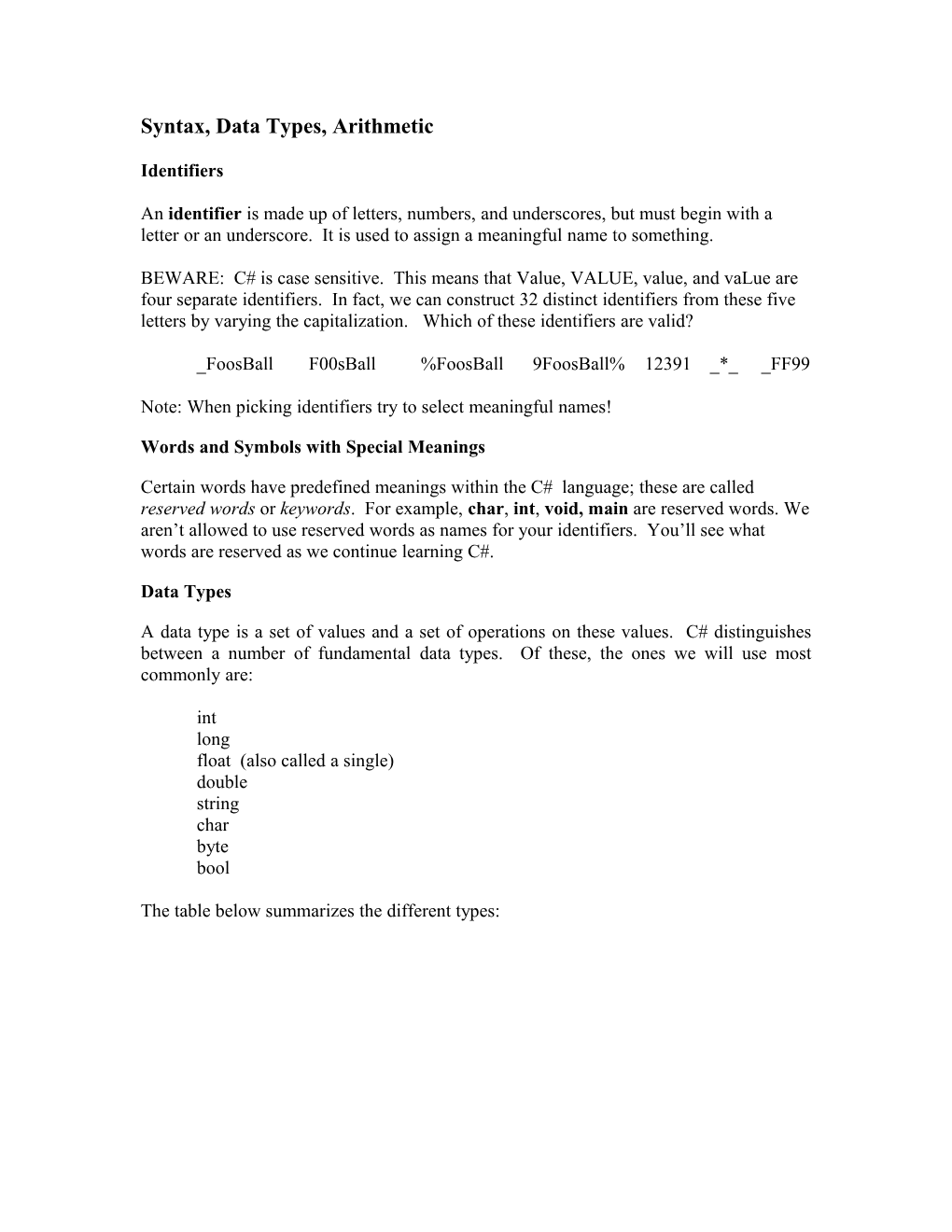 Syntax, Data Types, Arithmetic