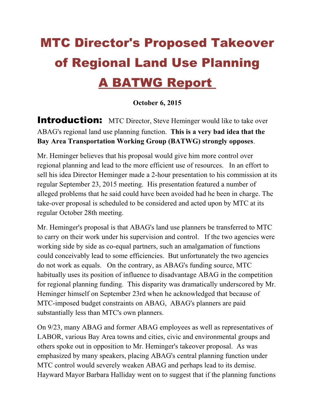 MTC Director's Proposed Takeover Ofregional Land Use Planning
