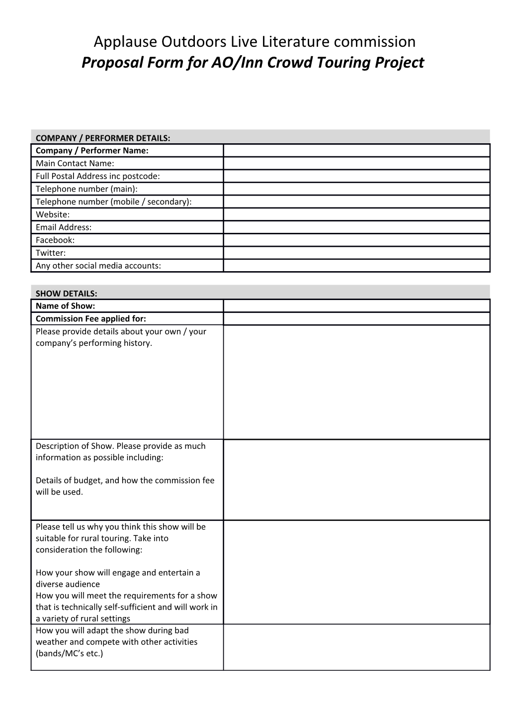 Proposal Form for AO/Inn Crowd Touring Project