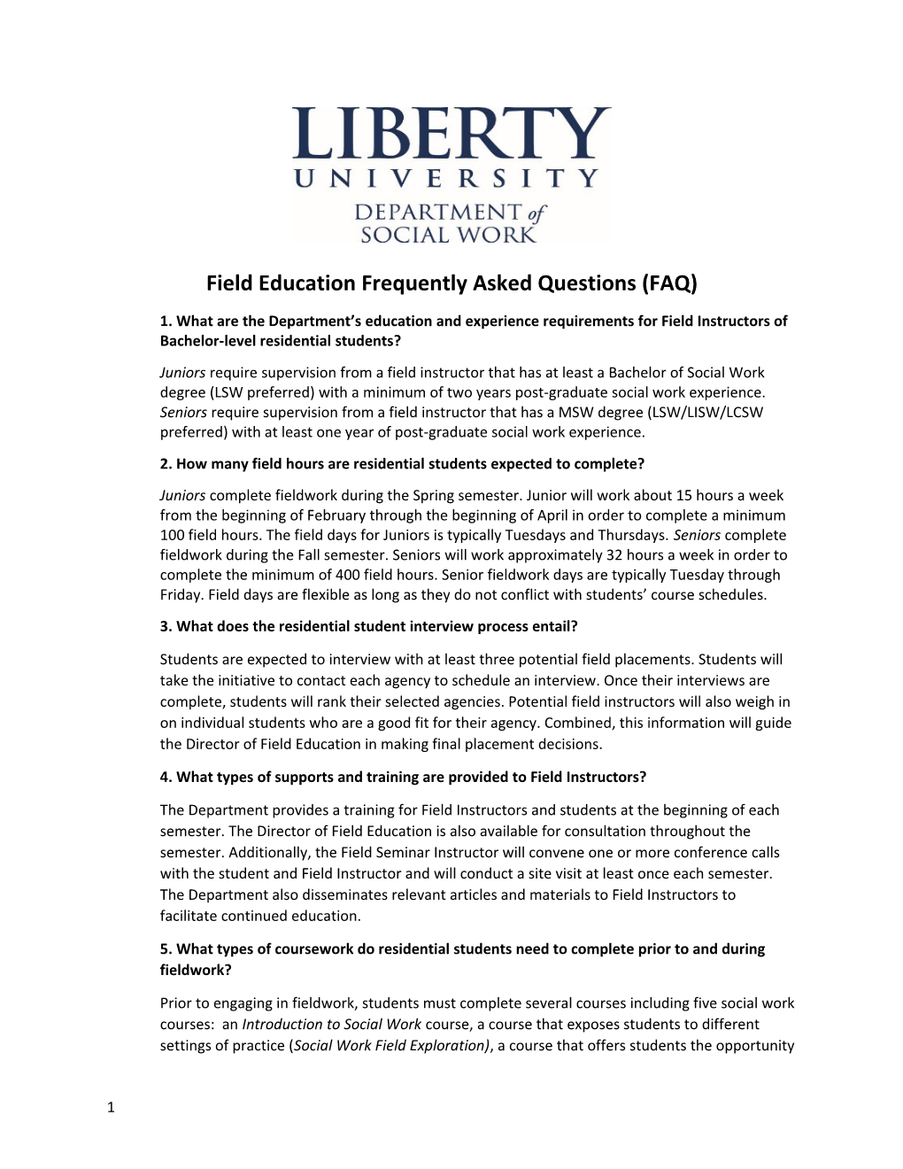Field Education Frequently Asked Questions (FAQ)