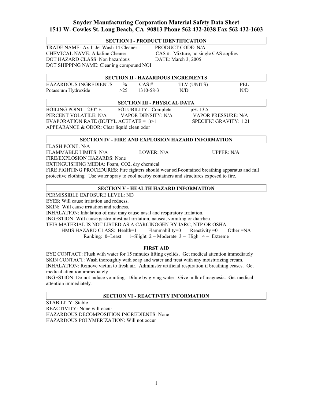 Snyder Manufacturing Corporation Material Safety Data Sheet