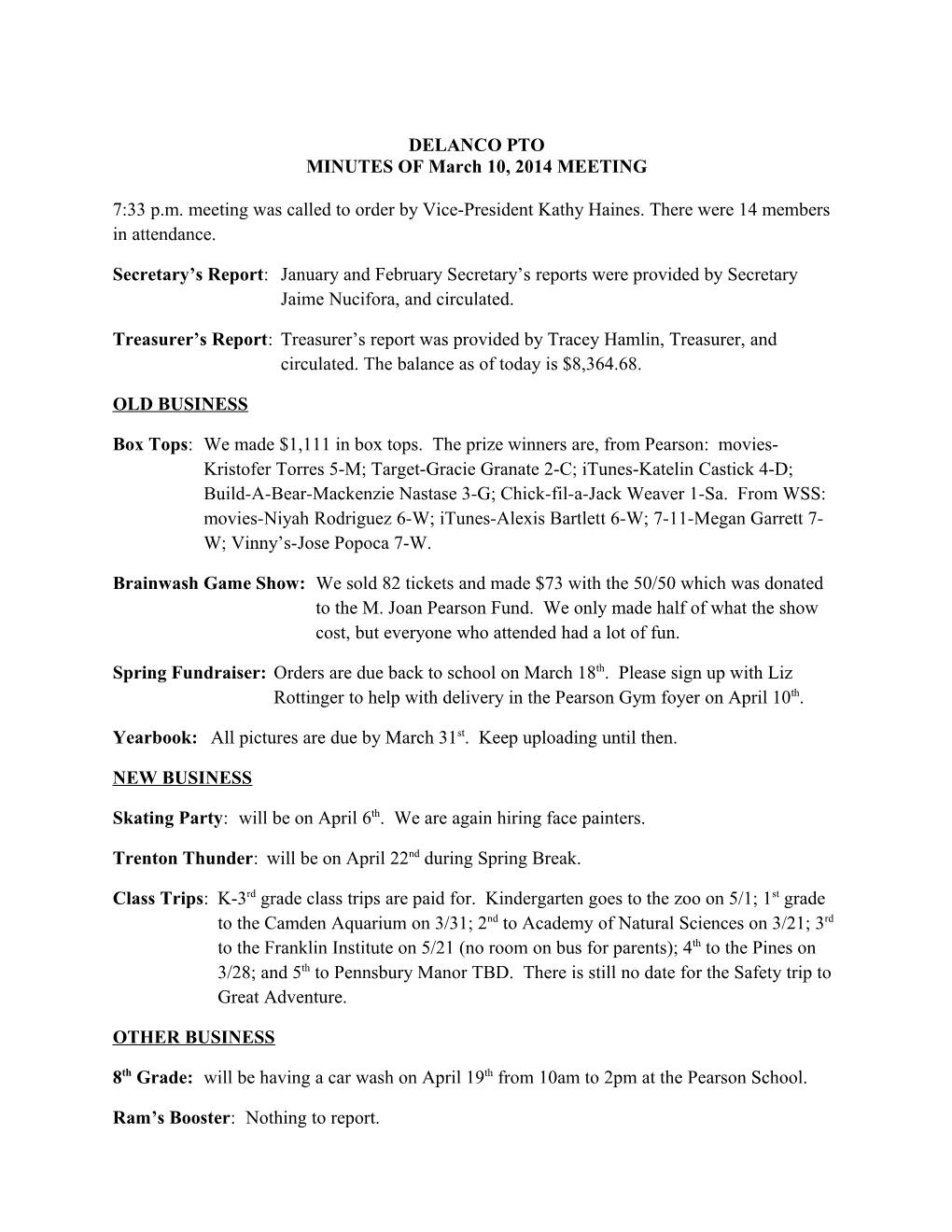 MINUTES of March 10, 2014 MEETING