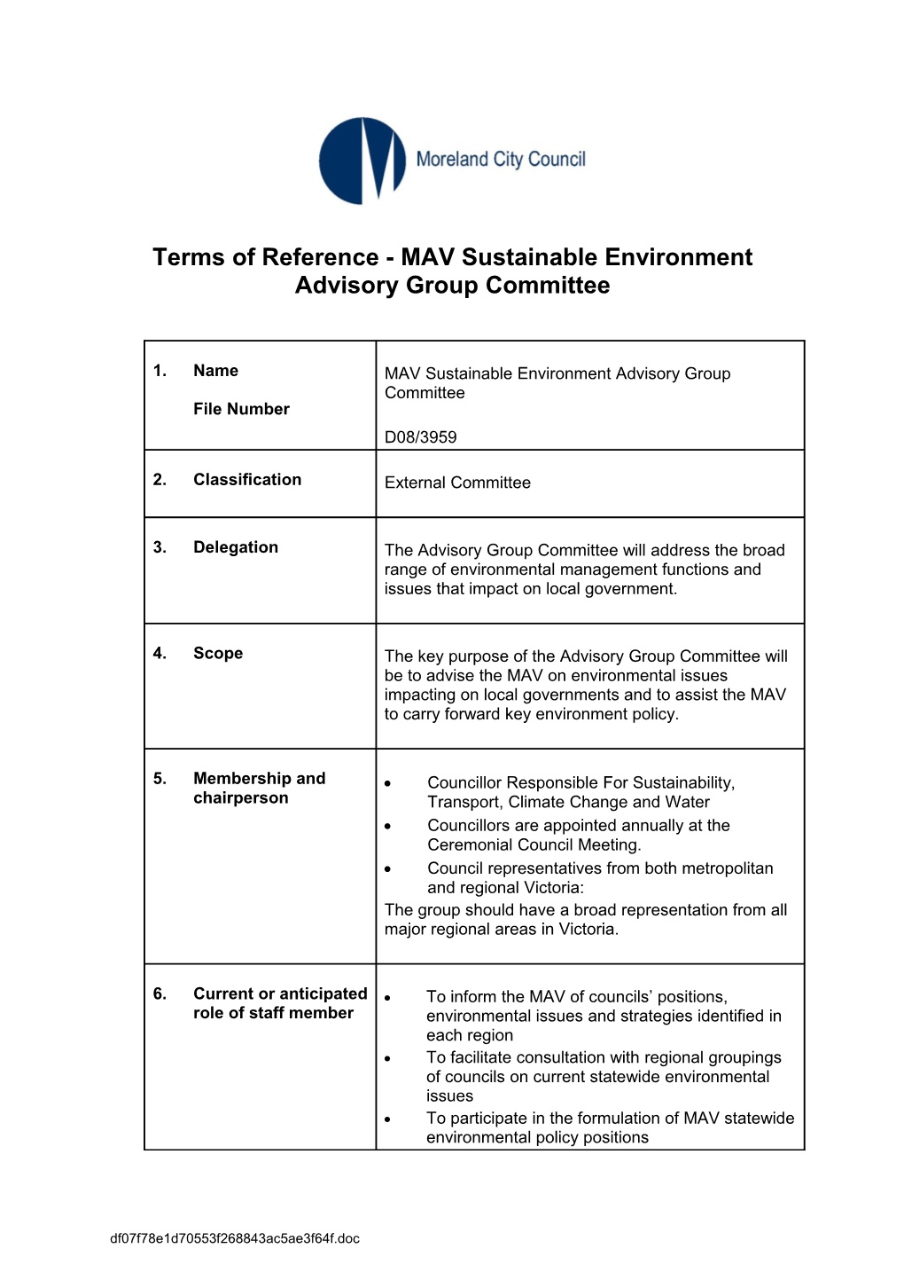 Terms of Reference - MAV Sustainable Environment Advisory Group Committee