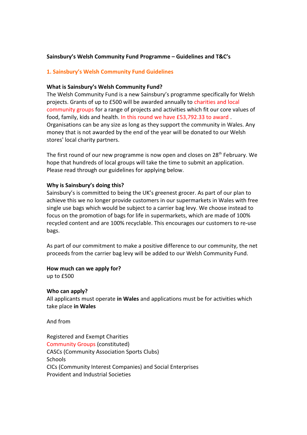 Sainsbury S Welsh Community Fund Programme Guidelines and T&C S