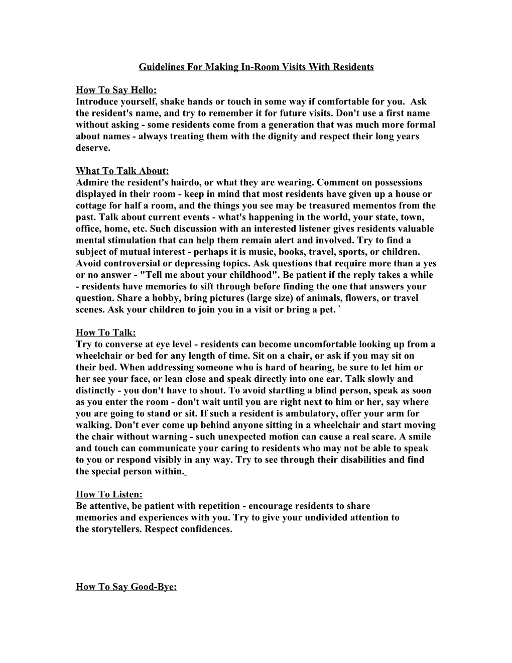 Guidelines for Making In-Room Visits with Residents