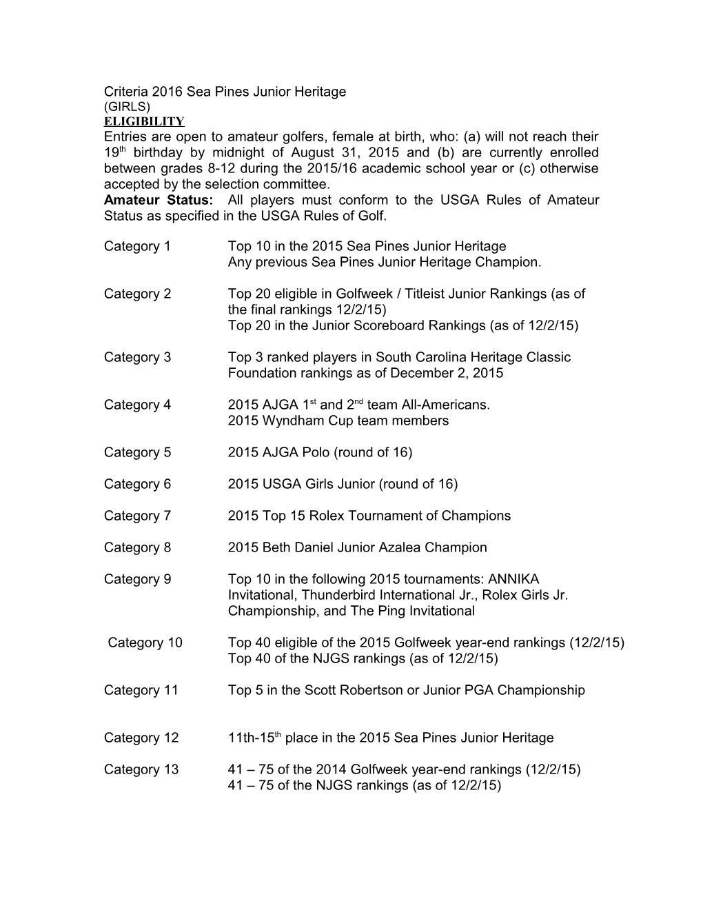 Criteria 2005 MCI Junior Heritage