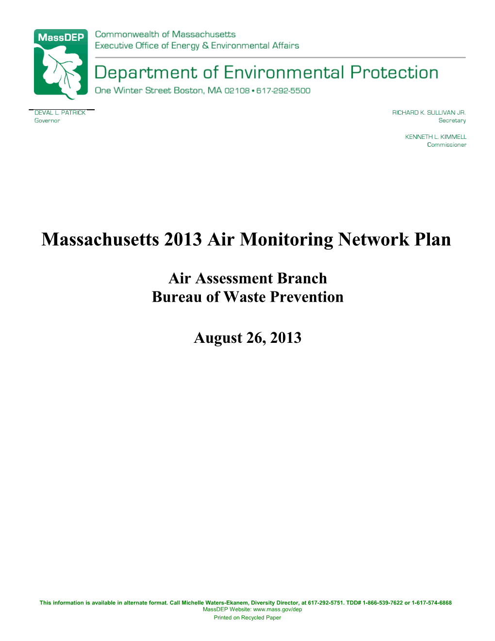Massachusetts 2013 Air Monitoring Network Plan