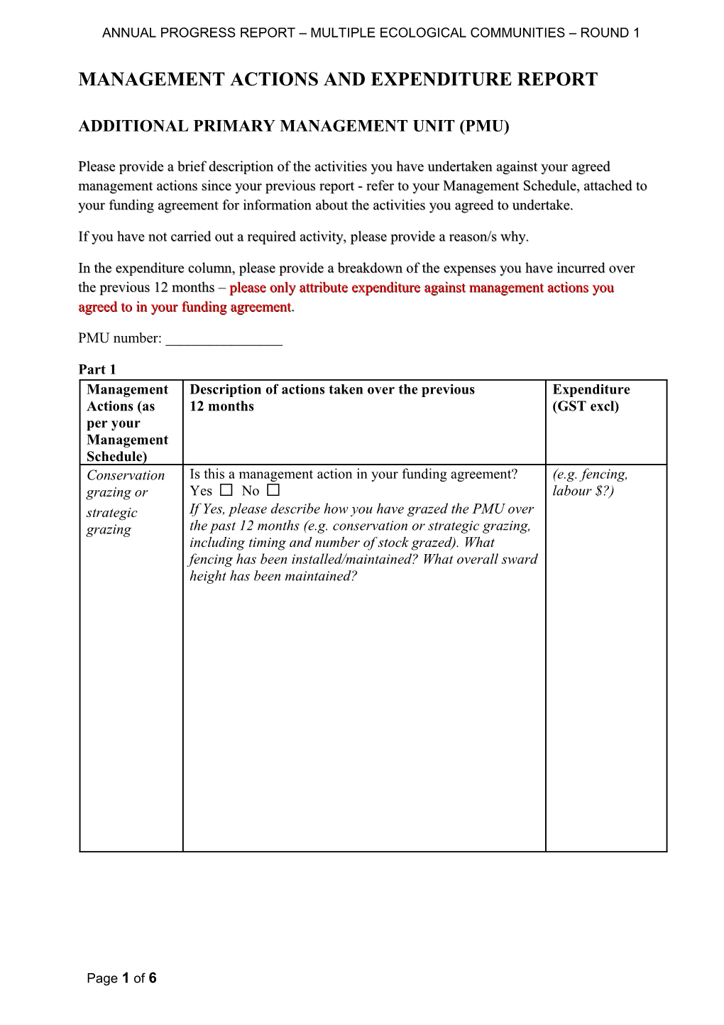 Mec Management Actions and Expenditure Report