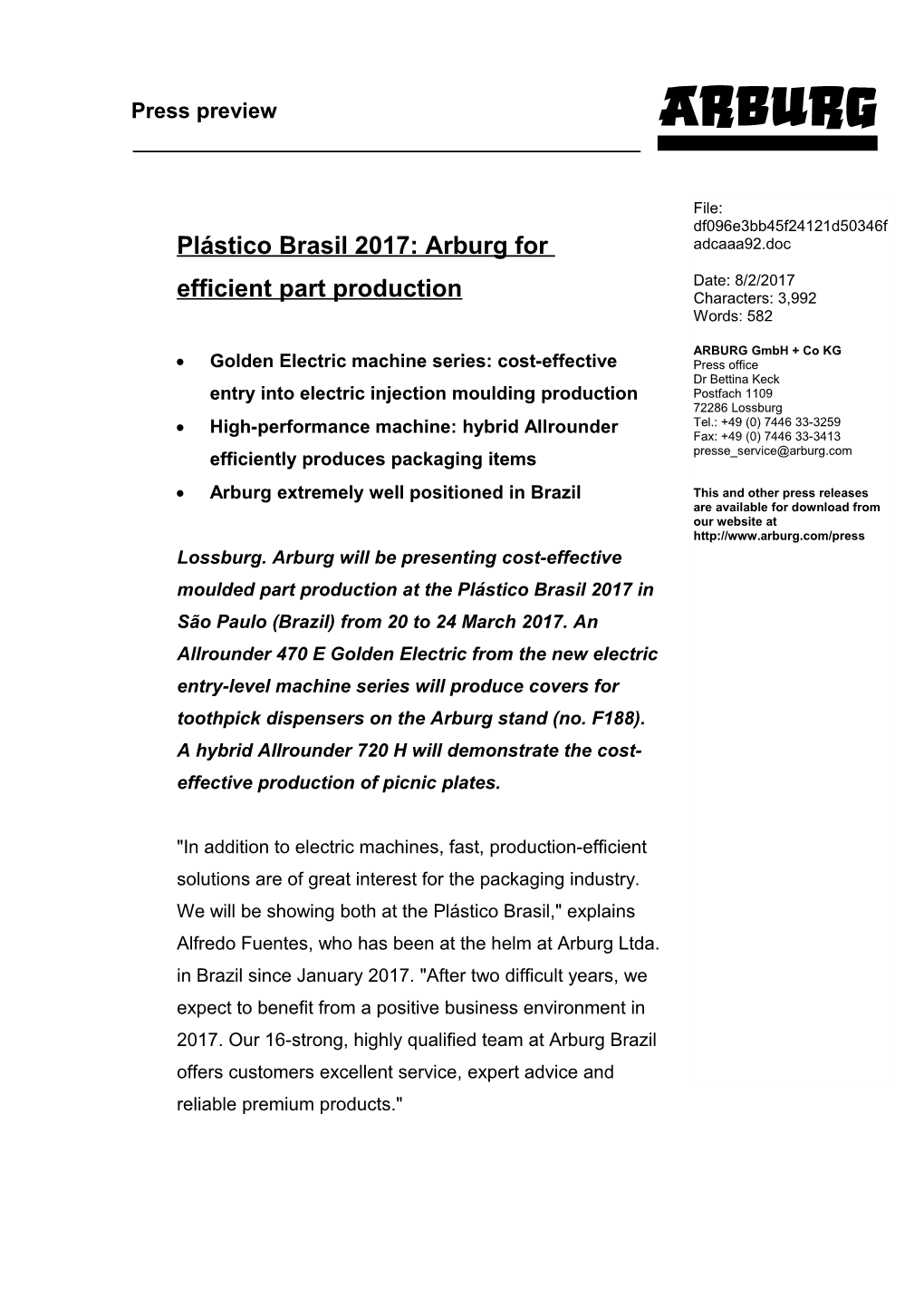 Plástico Brasil 2017: Arburg for Efficient Part Production