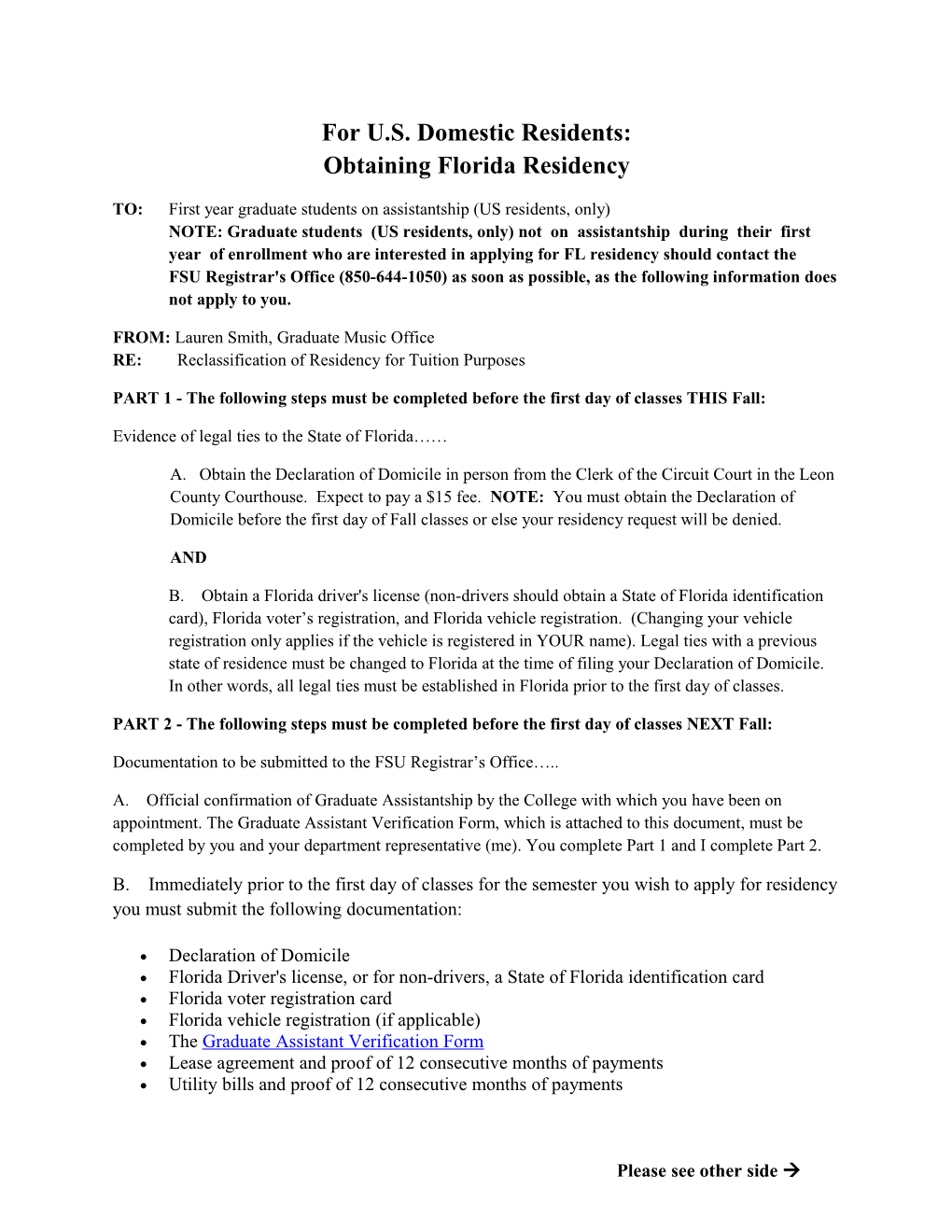 For U.S. Domestic Residents: Obtaining Florida Residency