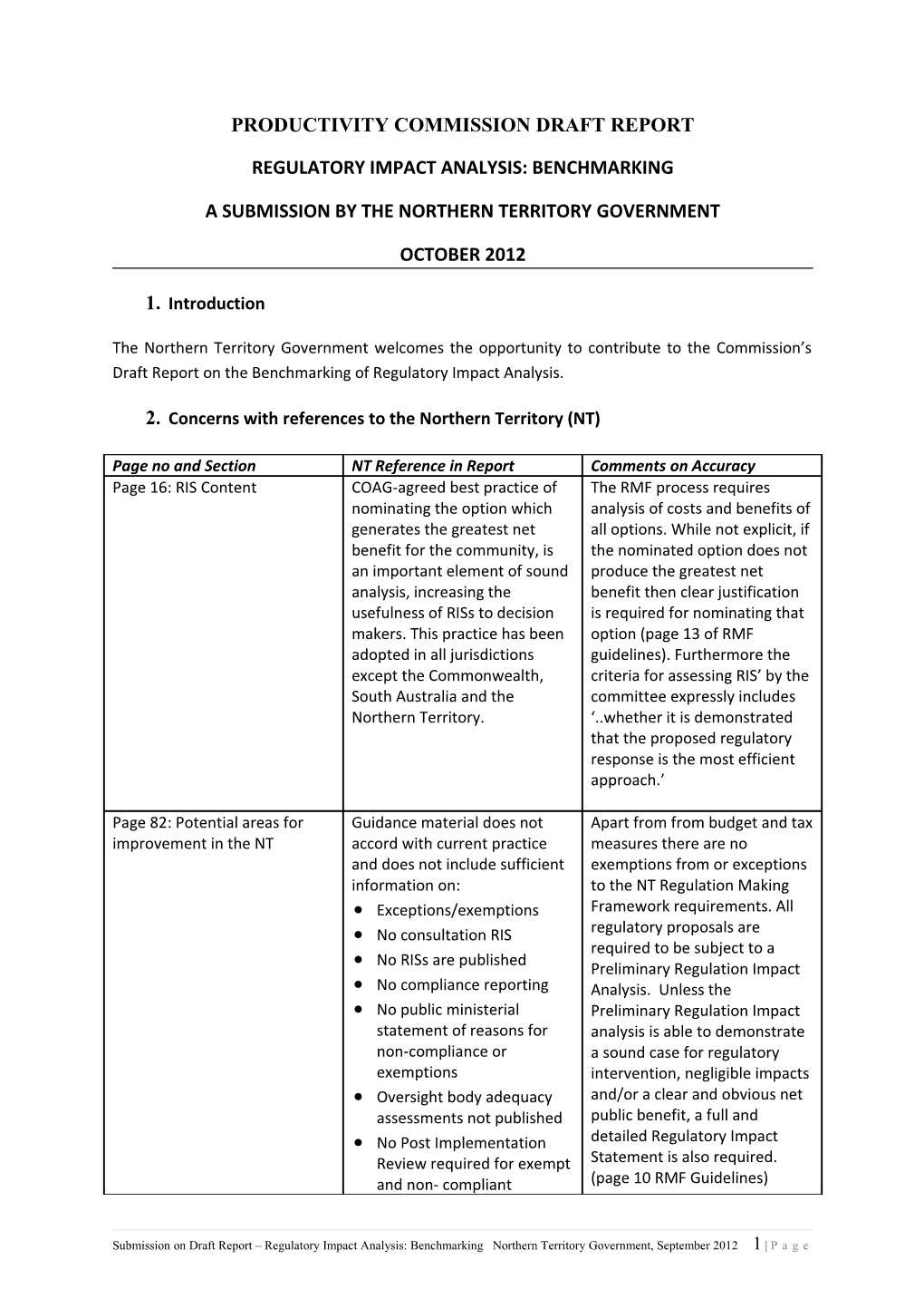 Submission DR30 - Northern Territory Department of Treasury and Finance - Regulatory Impact