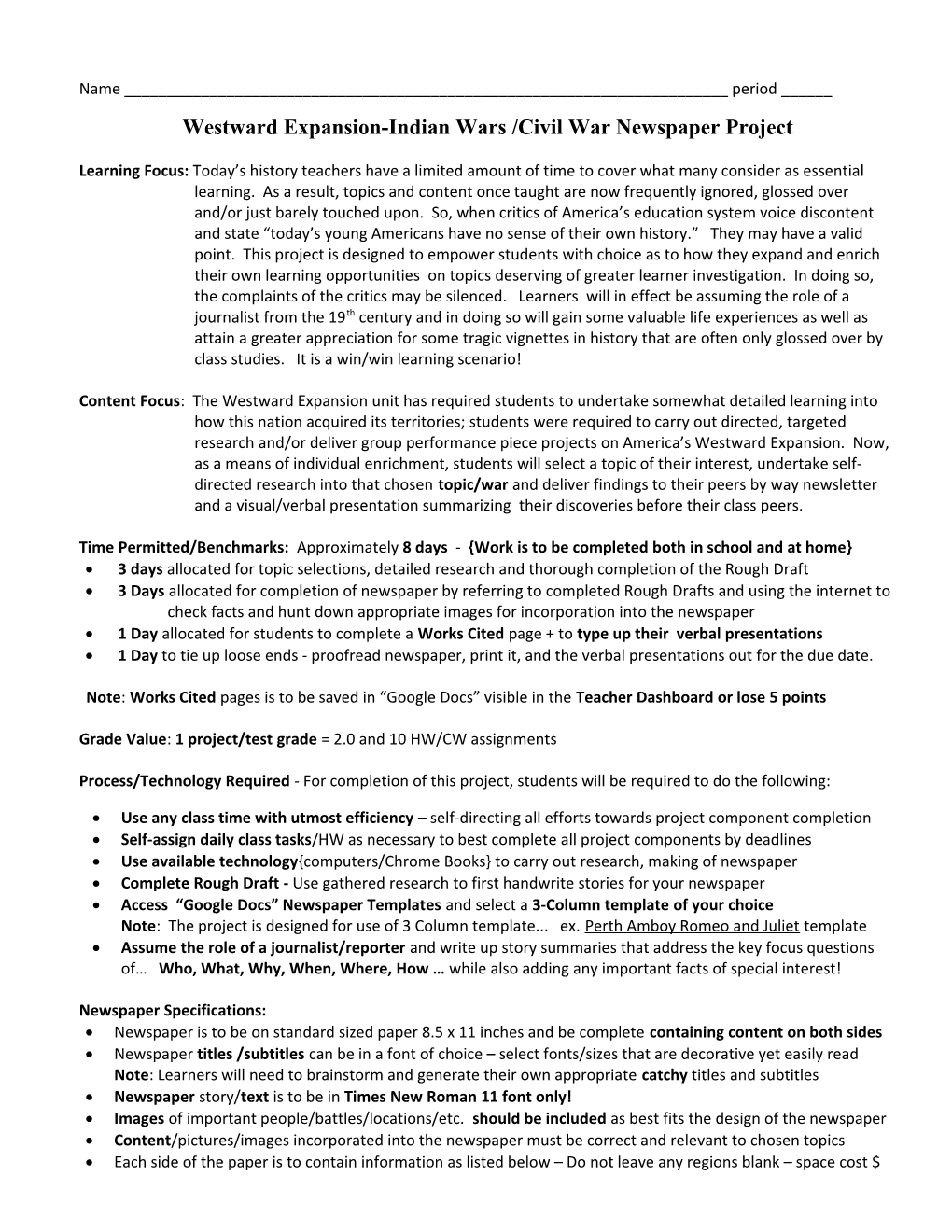 Westward Expansion-Indian Wars /Civil War Newspaper Project