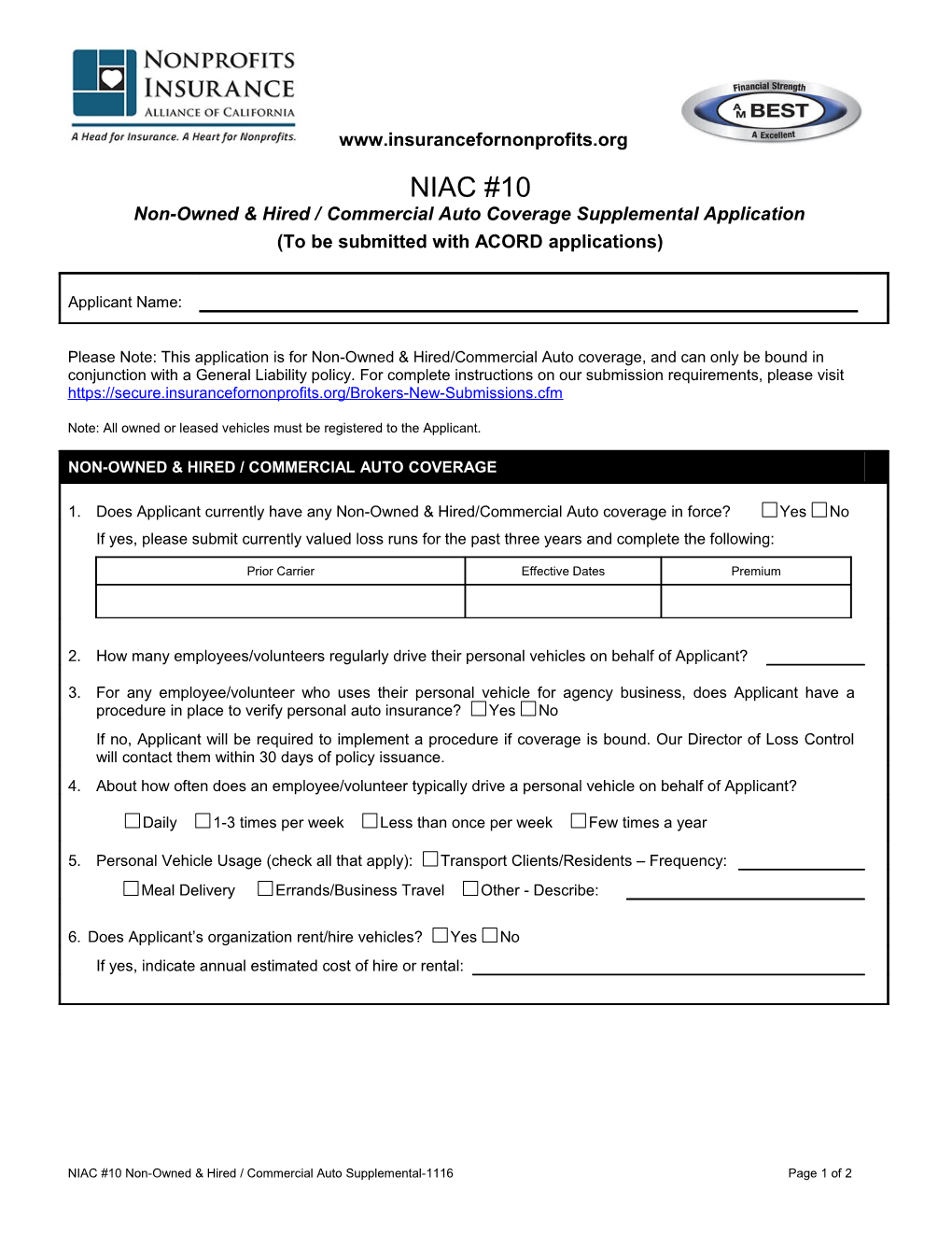 NIAC #10 Non-Owned & Hired / Commercial Auto Supplemental-1116Page 1 of 2