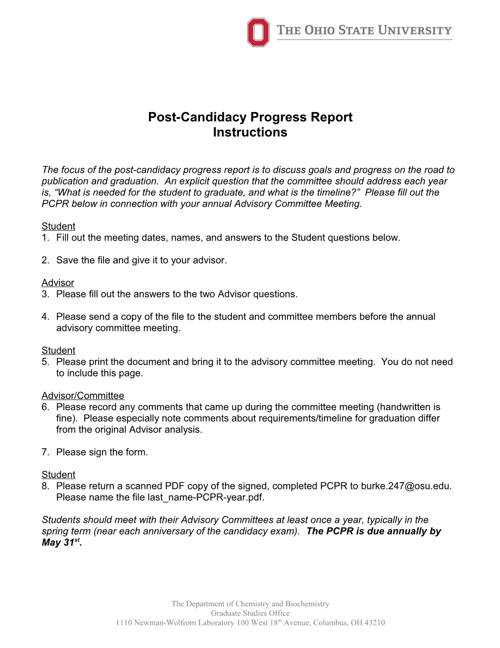 Post-Candidacy Progress Report