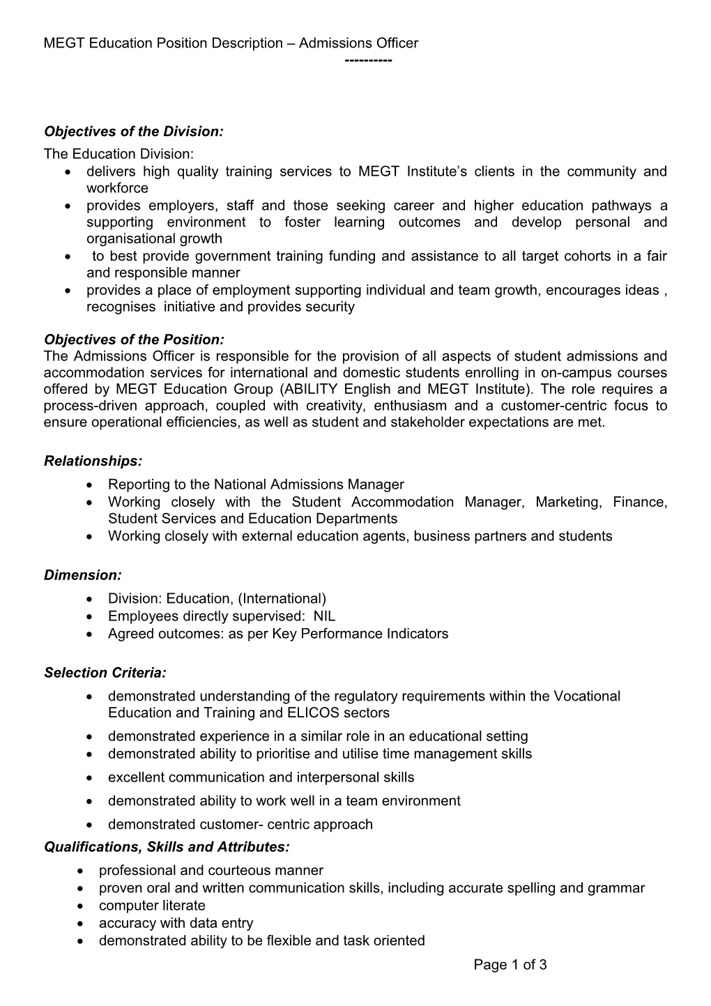 MEGT Education Position Description Admissions Officer