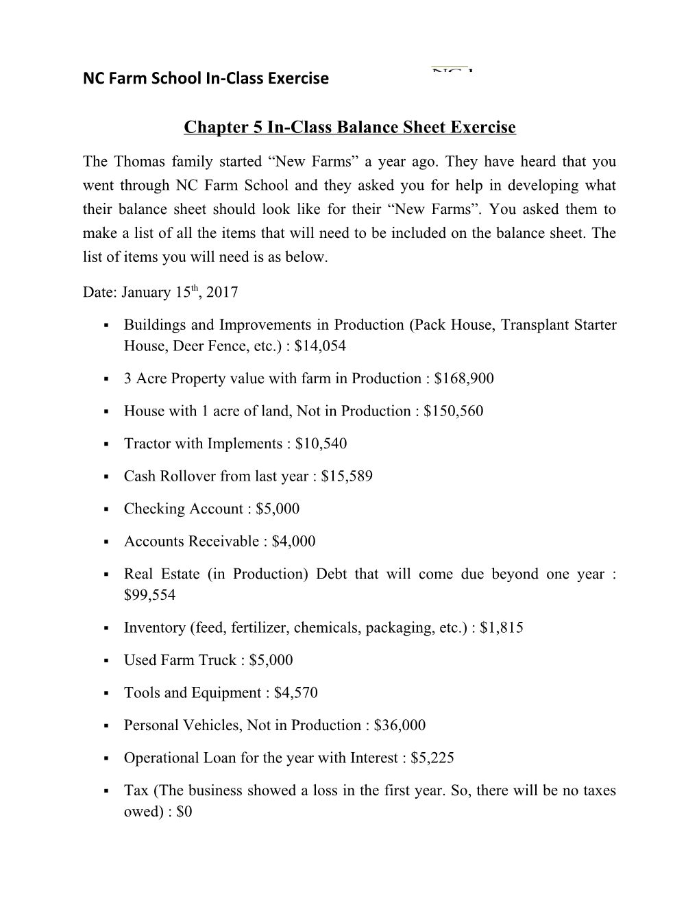 Chapter 5 In-Class Balance Sheet Exercise