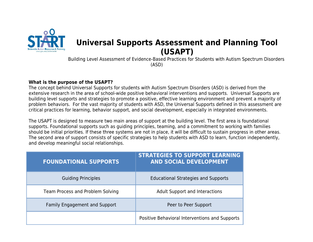 Universal Supports Assessment and Planning Tool (USAPT)