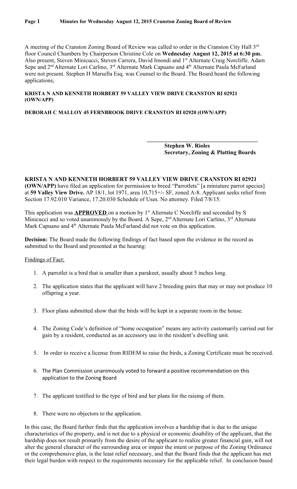 Page 1Minutes for Wednesdayaugust 12, 2015Cranston Zoning Board of Review
