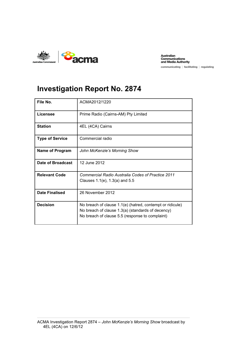 4EL (4CA) - ACMA Investigation Report 2874