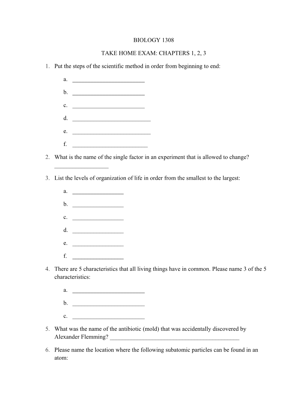 Take Home Exam: Chapters 1, 2, 3