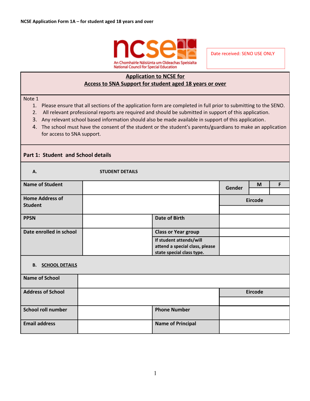 NCSE Application Form 1A for Student Aged 18 Years and Over