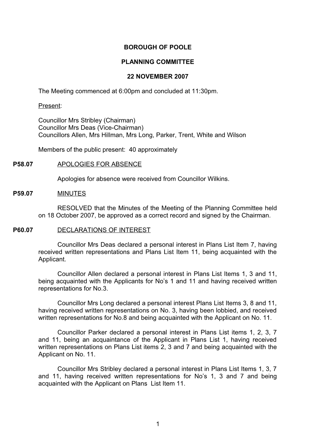 Minutes - Planning Committee - 22 November 2007