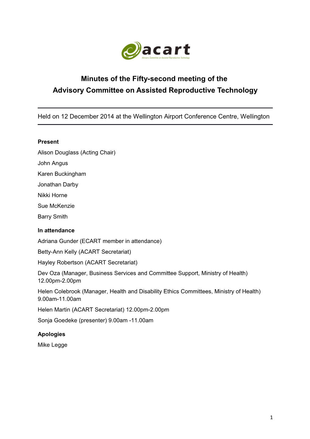 ACART Minutes 52Nd Meeting - 12 Dec 2014