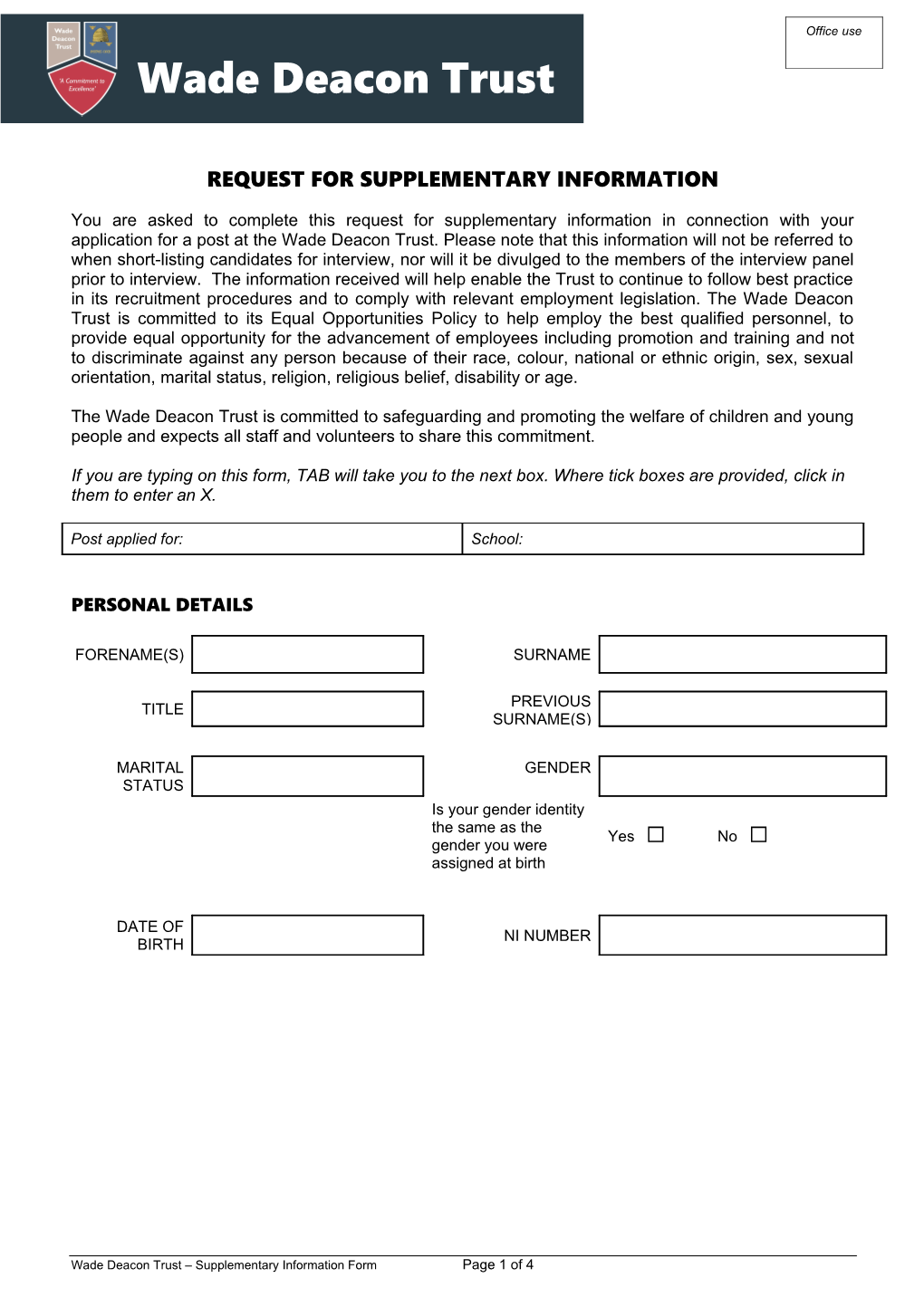 Wade Deacon High School Supplementary Information Form