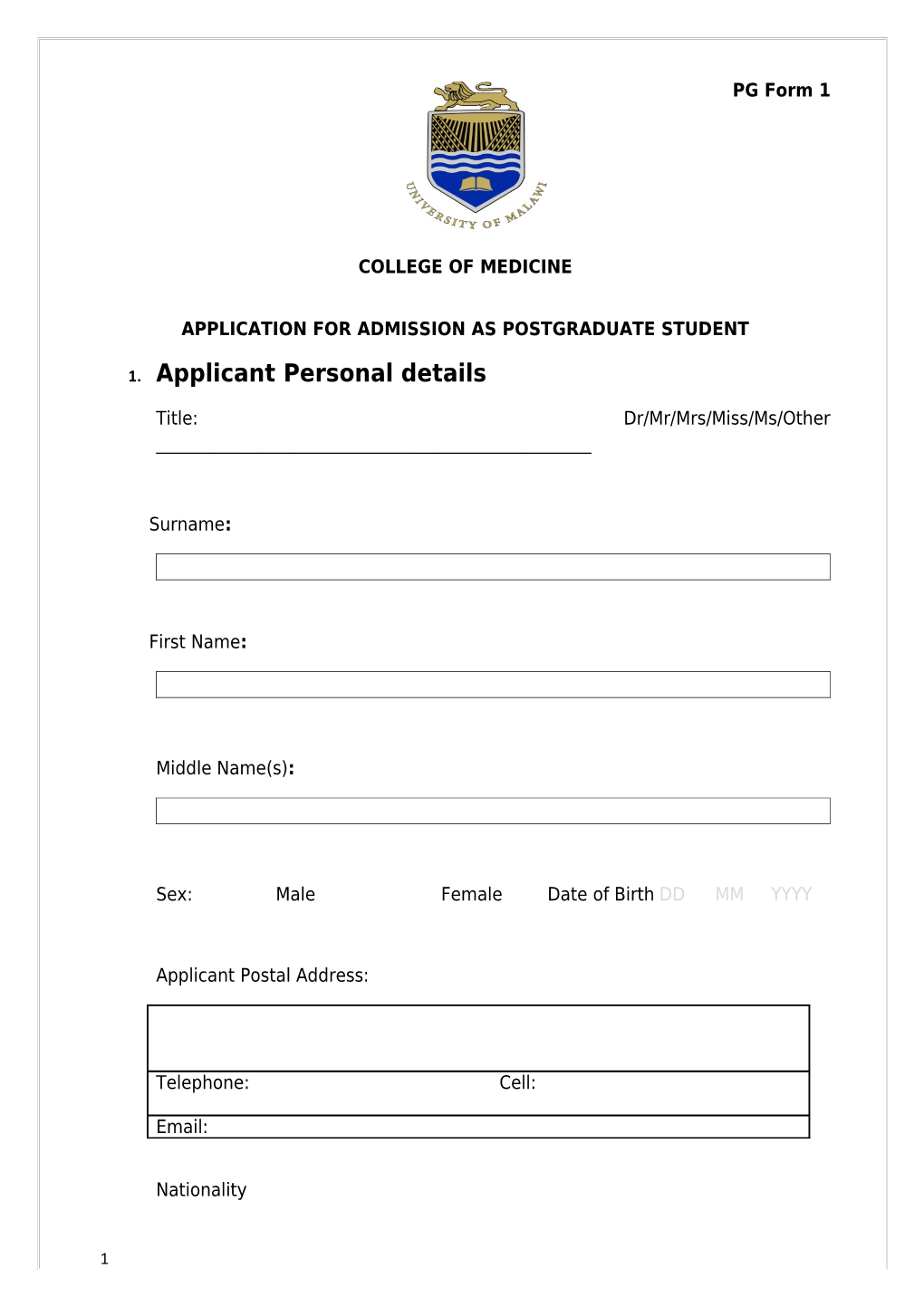 Application for Admission As Postgraduate Student