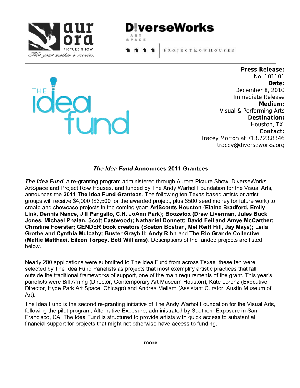 The Idea Fund Announces 2011 Grantees