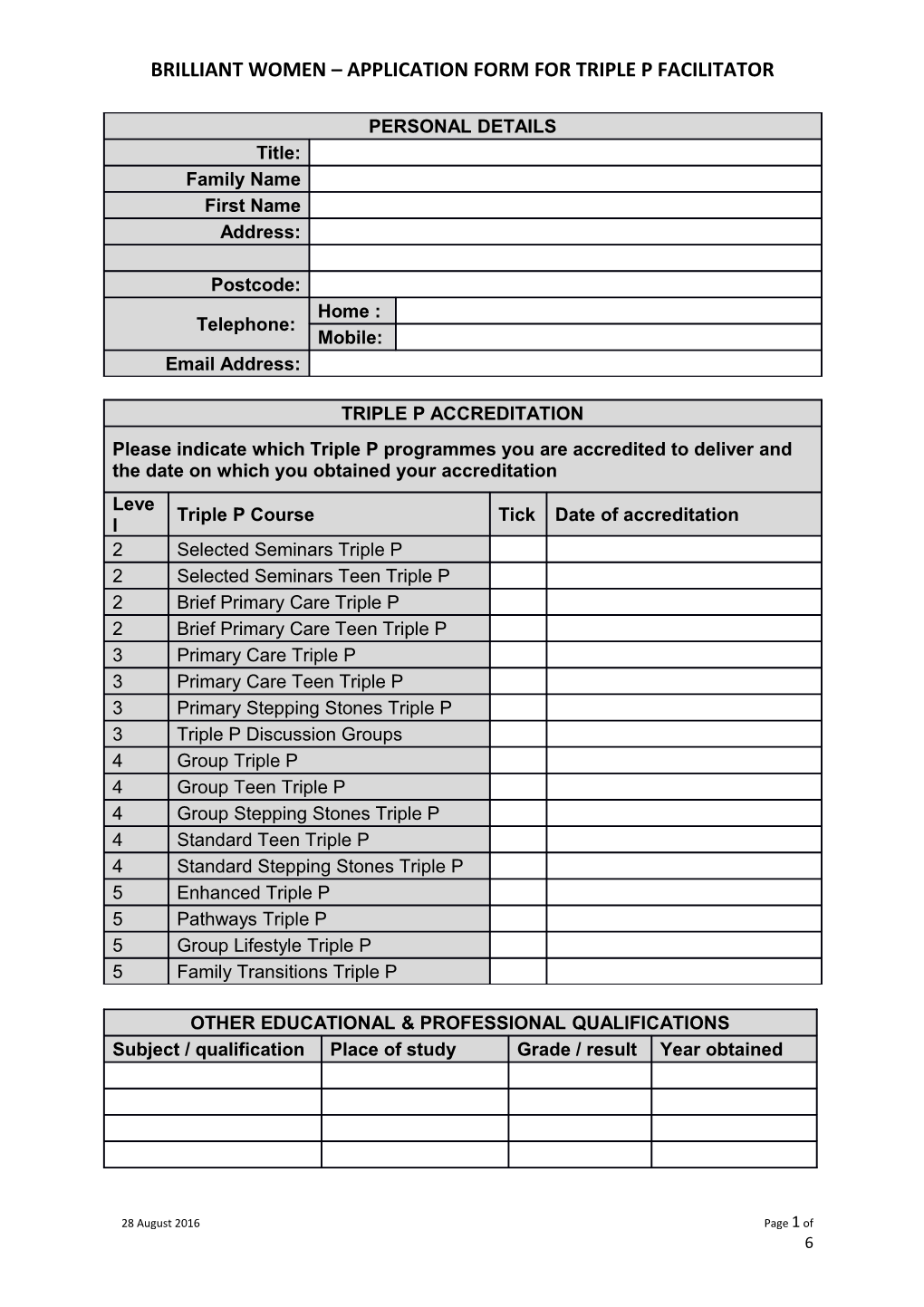 Brilliant Women Application Form for Triple P Facilitator