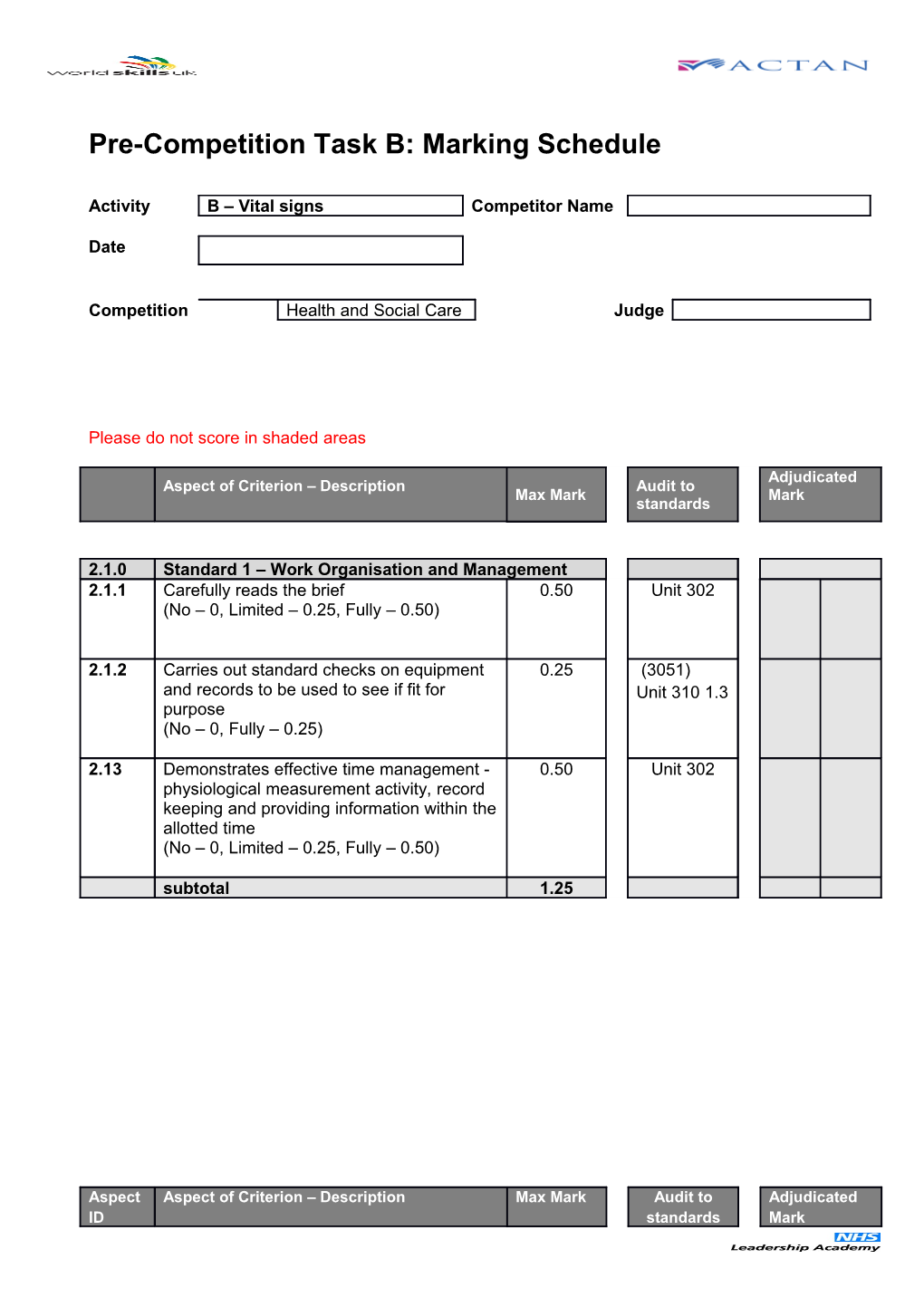 Pre-Competition Task B: Marking Schedule