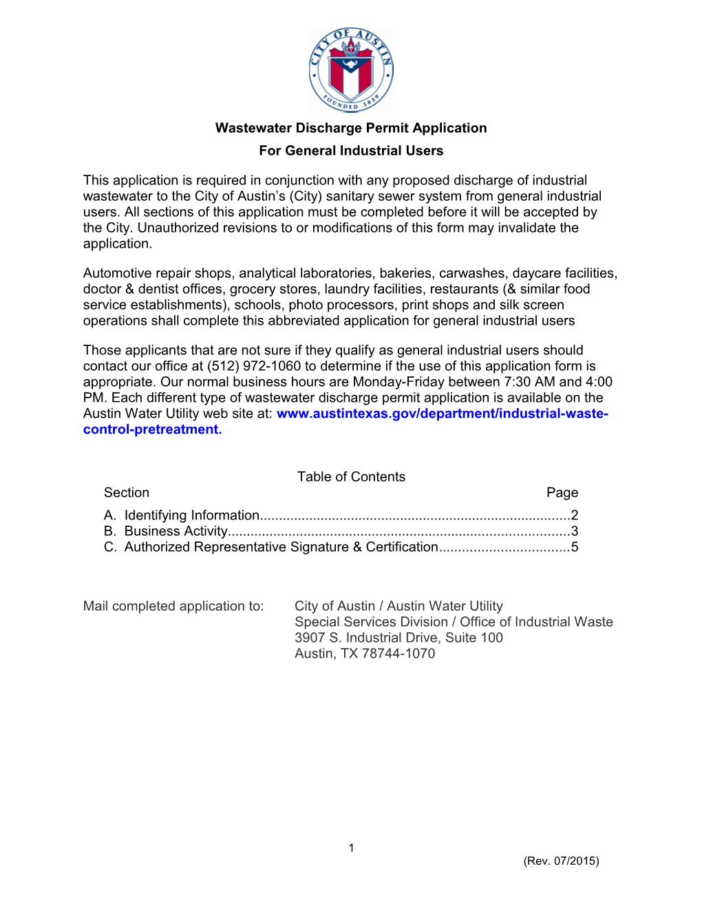Industrial Wastewater Discharge Permit Application