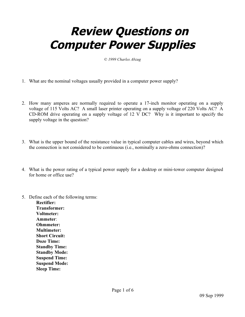 Review Questions on Computer Power Supplies